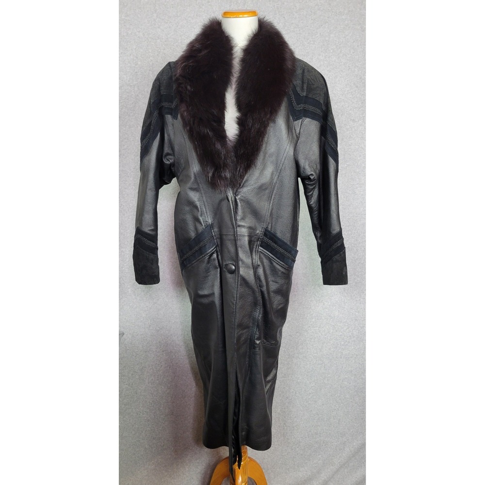Vintage Radlee Leather‎ Trench Coat Fox Fur Collar Paisley Trim Black Womens L